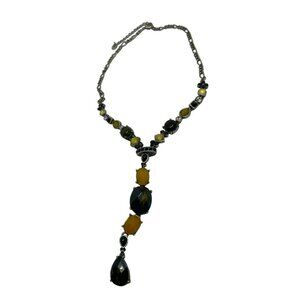 VTG Signed DB Yellow & Black Lariat Necklace Lucite & Beads 16" Chain 3" Drop